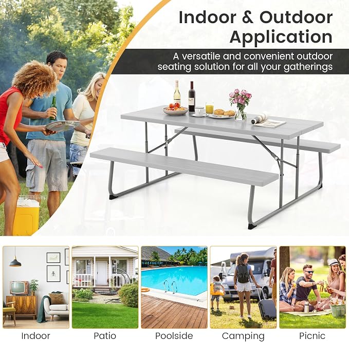 Giantex 6 FT Folding Picnic Table Bench Set- Outdoor Dining Set for 8 Persons w/All-Weather HDPE Tabletop, Metal Leg, Large Outside Dining Table for Lawn Patio Garden Yard Poolside, Grey