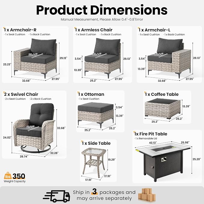 ovios 9-Piece Patio Furniture Set with L-Shape Sofa Chaise, Outdoor Sectional Couch Swivel Gliders Fire Pit Table, Modern Modular Wicker Rattan Conversation Set, Black
