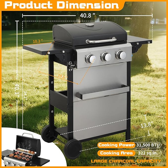 CIG GARDEN 3-Burner Propane Gas Grill,Outdoor Barbecue Grill with Side Tables and Wire Enamel Cooking Grids,31,500 BTU Output Stainless Steel Grill for Patio Garden Camping Backyard BBQ