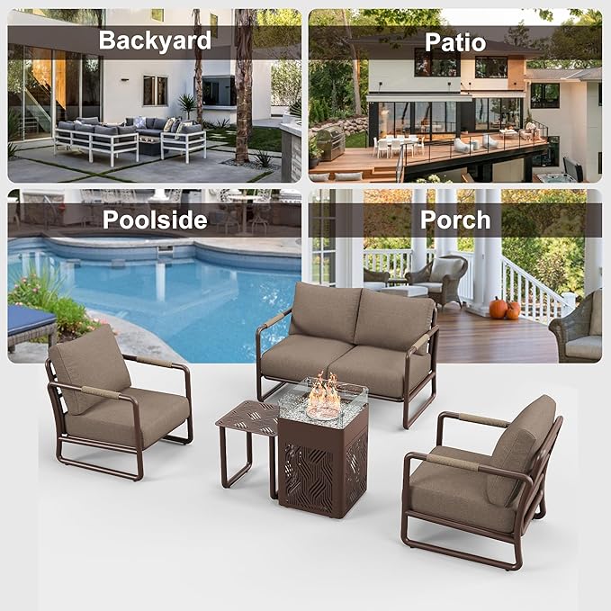 MBY Outdoor Aluminum Patio Furniture Set, 4-Seats Patio Conversation Sofa Set with 45,000 BTU Fire Pit Table w/Glass Wind Guard, All Weather for Pool, Balcony, Garden-Brown