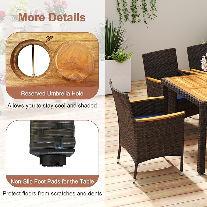 COSTWAY 9-Piece Patio Dining Set for 8, Outdoor Rattan Wicker Table and Chairs Furniture Set with Umbrella Hole, Acacia Wood Tabletop for Backyard, Balcony, Poolside, Brown & Navy