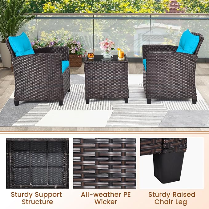 3-Pieces Patio Furniture Set, PE Wicker Chairs Sofa Set with Removable Cushions & Glass Top Side Table, Outdoor Wicker Rattan Conversation Chair for Porch,Backyard, Balcony (Turquoise)