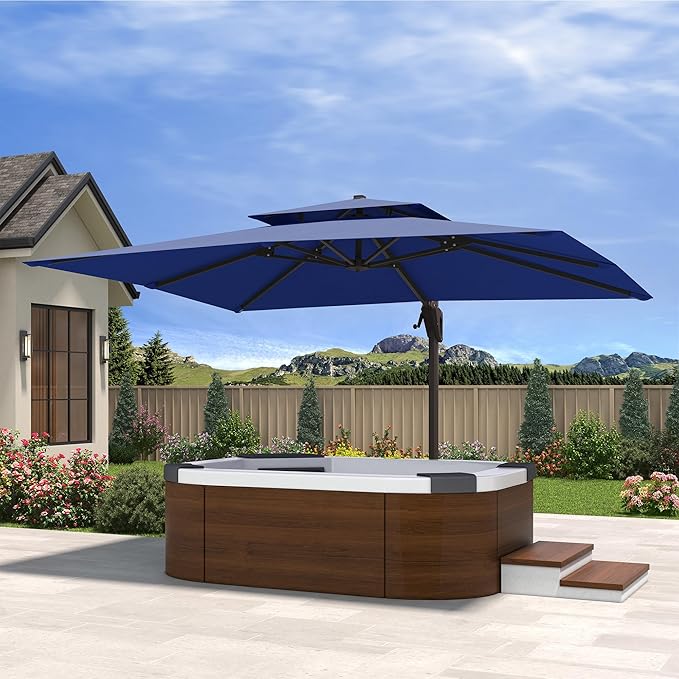 10' X 13' Cantilever Patio Umbrella Double Top Rectangular Outdoor Large Offset Umbrellas with 7 Tilts Adjustable 360°Rotation for Deck Pool Garden Backyard, Navy