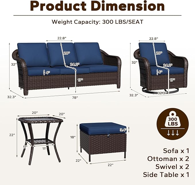 6 Piece Patio Wicker Conversation Set, All-Weather Use Outdoor Wicker Sofa with 2 PE Rattan Ottomans,2 Swivel Chair, 1 Side Table, Ideal for Porch, Backyard, Balcony, Poolside, Blue