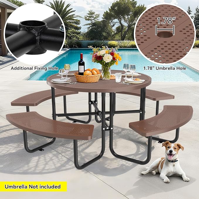 46" Round Metal Picnic Table with Umbrella Hole, Heavy Duty Stainless Steel Outdoor Table, Portable Patio Dining Table for Backyard Garden Picnic (Coffee -Round)