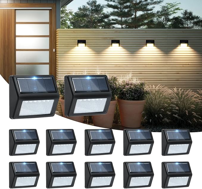 Bright Solar Fence Lights, 12 Pack Outdoor Step Lights, IP65 Waterproof, 3000K Warm-White, Dusk to Dawn Outdoor Lighting with 6 LED for Wall, Garage, Patio, Exterior, Porch
