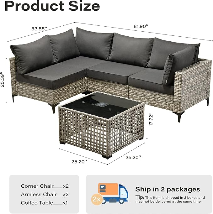 5 Pieces Patio Furniture Set with Solar Light Coffee Table, All-Weather Rattan Outdoor Sectional Conversation Sets L Shaped Sofas for Outside Porch Balcony Backyard Black