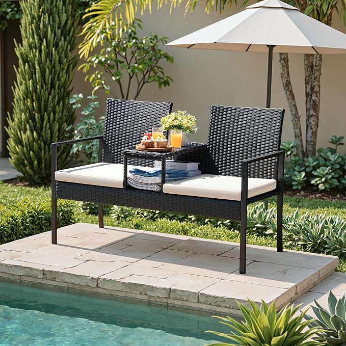 Greesum Patio Conversation Set Outdoor Wicker Furniture Sets with Soft Cushions and Built-in Coffee Table for Lawn, Garden and Backyard, Beige