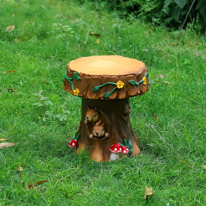 12.6" Resin Squirrel Garden Chair, Indoor & Outdoor Accent Stool, Natural | Round Tree Stump Design w/ Squirrel Details, Weather-Resistant for Patio, Backyard, Terrace & Home Decor