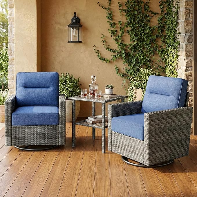 Luxury 3-Piece Patio Furniture Set with 6-Inch Thick Cushions, Outdoor Swivel Rocker Chairs and Table, Wicker Conversation Set for Porch, Deck, Balcony, Yard in Blue