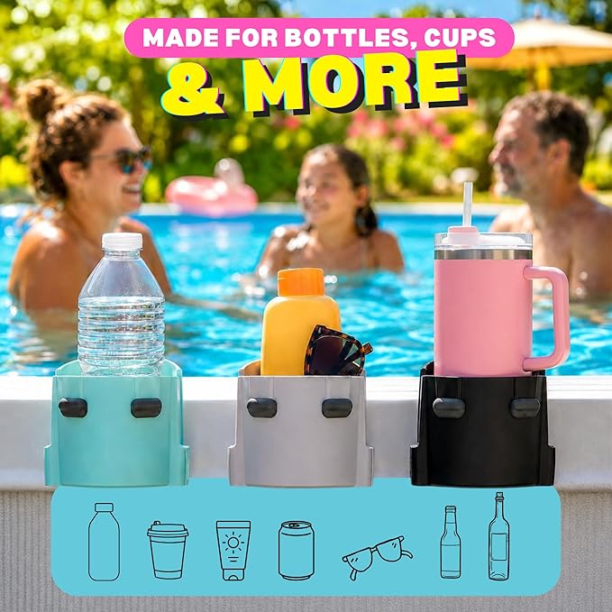 2-Pack Poolside Cup Holders for Square-Top Above Ground Pools, Adjustable Fit for Wide Edges, Non-Slip Silicone Grips, Fits Tumblers & Drink Bottles, Use on Deck, Boat & Patio, Dark Grey