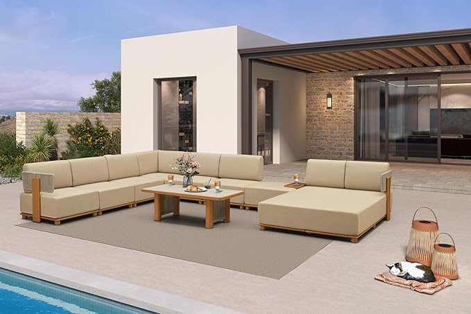PURPLE LEAF Patio Furniture Set Modular U-Shaped Outdoor Sectional Sofa with 11" Thick Olefin Cushion 9-Piece Outdoor Conversation Set with Daybed & Coffee Lights for Backyard Garden Poolside, Beige