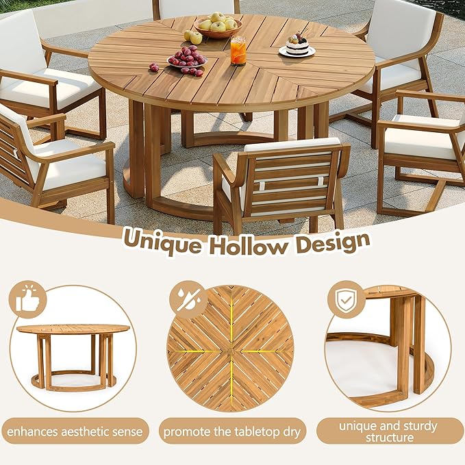 Merax 7 Pieces Outdoor Dining Set for 6 People, Acacia Wood Patio Furniture Sets with Round Table and Six Cushioned Chairs for Backyard, Garden, Lawn, Poolside, Tabletop with Umbrella Hole, Light Teak