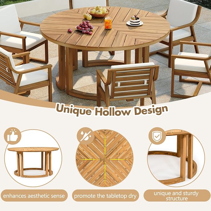 7-Piece Patio Dining Table Set for 6, 59" Round Wooden Table with 1.96" Umbrella Hole, Outdoor Furniture with Removable Beige Cushions, Mocha Finish, for Garden Backyard Poolside (Light Teak1)