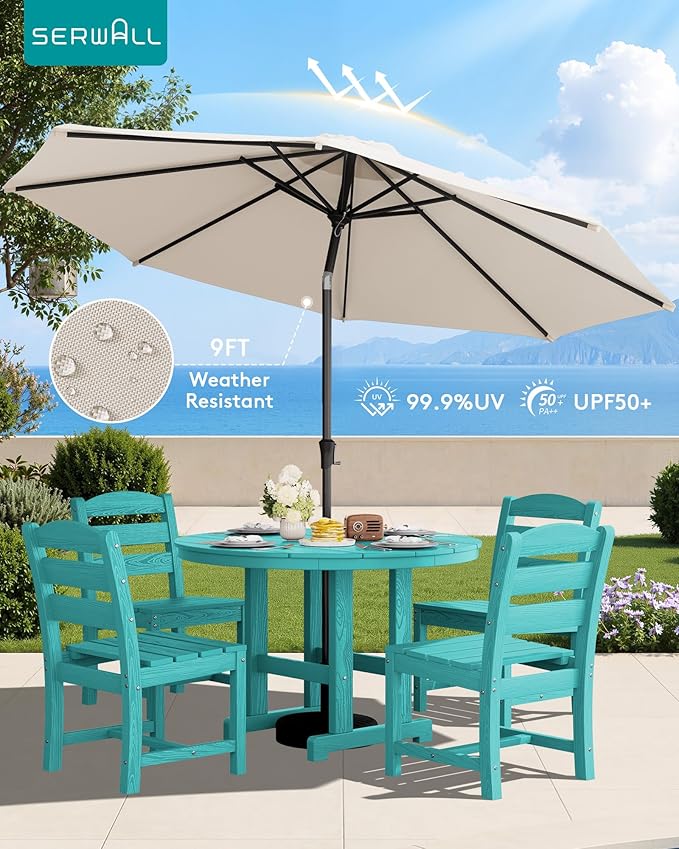 SERWALL 6-Piece Patio Dining Sets, HDPE Outdoor Table and Chairs Furniture Set with Umbrella, 45" Round Dining Table & 4 Armless Dining Chairs & 1 9FT Umbrella, Aruba(Not Include Umbrella Base)