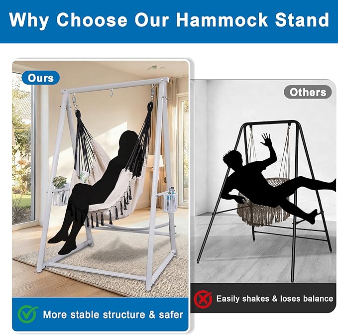 Hammock Chair with Stand Hanging Rope Swing Chair, Heavy-Duty Steel Max 350 LBS Capacity for Indoor Outdoor Patio Garden Balcony (White)