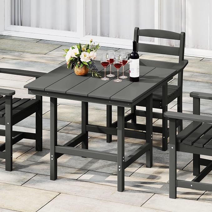 Costaelm Outdoor Patio Table, Outdoor Dining Table for 4, Weather Resistant Square Patio Table with Umbrella Hole for Garden, Poolside, Porch, Gray