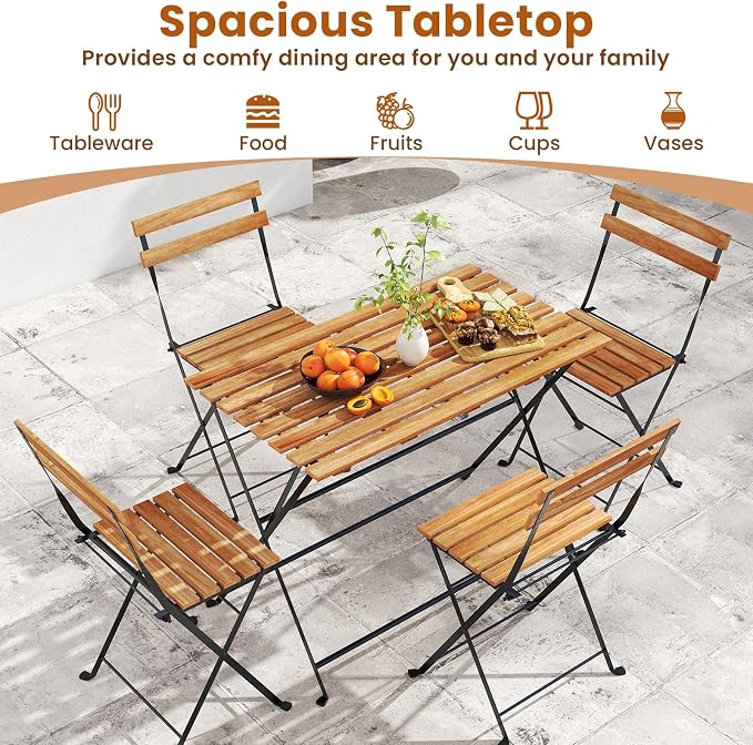 Tangkula 5 Piece Patio Folding Dining Table and Chair Set, Outdoor Space Saving Rectangular Acacia Wood Table and Foldable Chairs with Metal Frame, for Yard Porch Deck Backyard