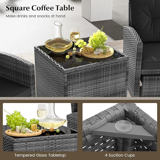 Tangkula 5 Pieces Patio Conversation Set, PE Wicker Rattan Outdoor Furniture Set with 2 Chairs, 2 Ottomans & Tempered Glass Coffee Table, Ideal for Poolside, Backyard, Lawn, Deck, Mix Grey & Black