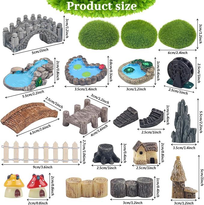 QUOZUO 21 Pcs Fairy Garden Miniatures Accessories Bridge House Landscape Water Well Fence Figurines Pond Mushroom Lawn Garden Ornament for DIY Craft Succulent Decor