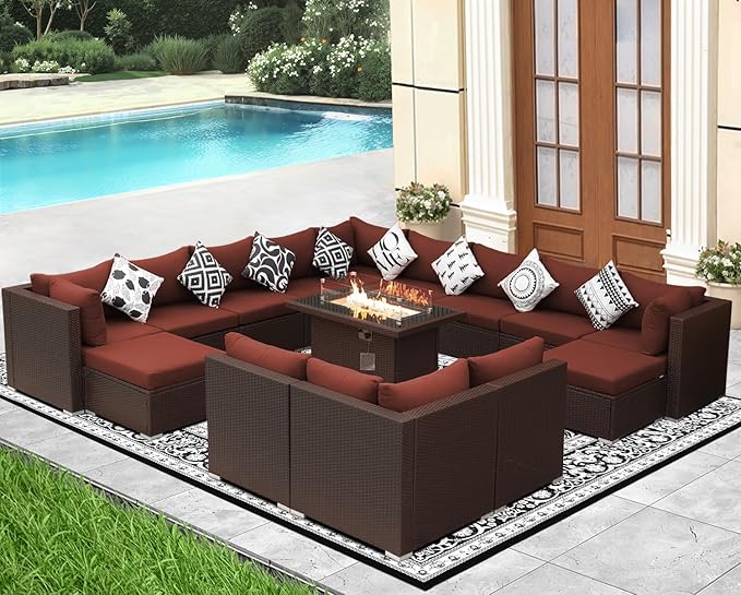 NICESOUL 15 Piece Outdoor Sectional with Fire Pit Table, Modern Luxury Patio Deep Seating w/Firepit, 29.3'' High-Back Wicker Couch Thick, Big High-Weight Capacity Sofa for Garden, Yard, Brown & Red