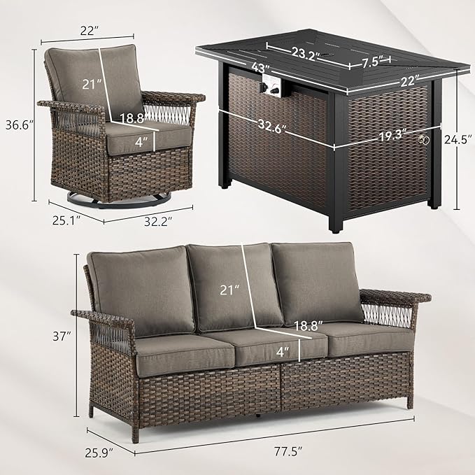 Patio Furniture Set with Fire Pit Table, 4PCS Patio Conversation Set Brown Resin Wicker Swivel Patio Chair and Sofa with 43in Rectangular Iron Fire Table PE Rattan Furniture Set