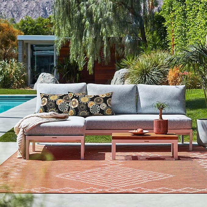 LVTXIII Set of 2 Outdoor Lumbar Pillows for Patio Furniture with White Piping, 12"x20" Fade Resistant Patio Lumbar Pillows with Inserts for Home Coach Sofa Use, Black Yellow Crosby