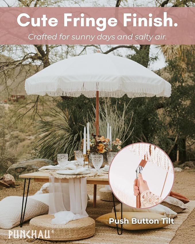 6 Ft Fringe Patio Umbrella - Outdoor Umbrella for Patio, Pool, Table, Garden, Deck, Beach, and Outdoors - Fashionable Boho Vintage Tassels & Wood Print - Push Button Tilt Pole