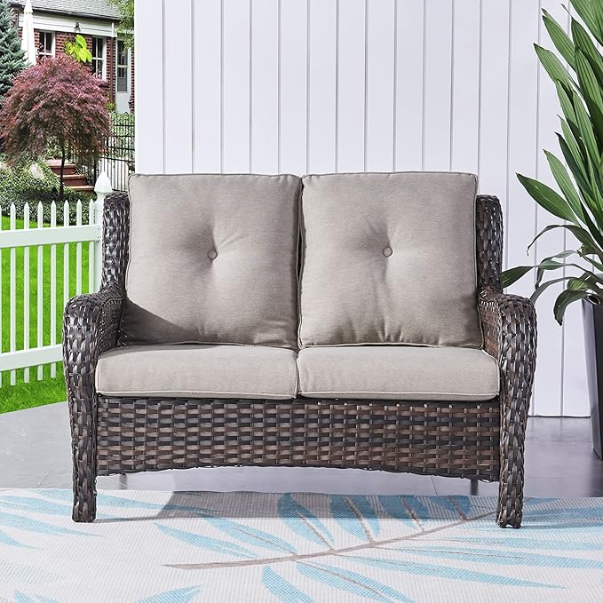 Rilyson Outdoor Loveseat Wicker Patio Sofa - 2-Seat Rattan Outdoor Couch Patio Furniture with Deep Seating and Comfortable Cushions for Outside Porch Deck Balcony(Brown/Grey)
