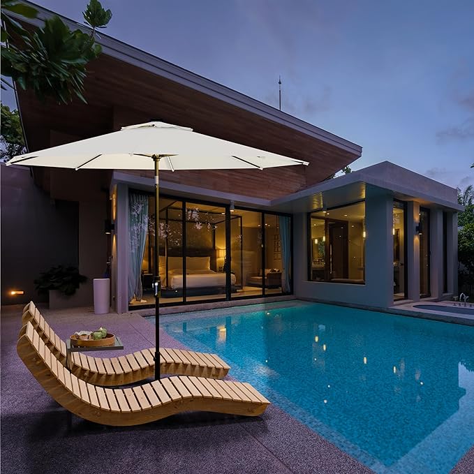 Midtown Umbrellas The LED Swilt 10 Feet Patio Umbrella With Terylast Ivory (White) Polyester Fabric - Auto-Tilt Aluminum Frame With LED Lights For Backyard, Deck, Garden, Pool - Black Pole