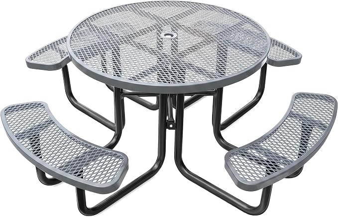 46In Round Outdoor Picnic Table – Heavy-Duty Commercial Steel Table with Thermoplastic Coating, Weatherproof & Rust-Resistant, Perfect for Parks, Patios, Schools & Campgrounds (Gray)