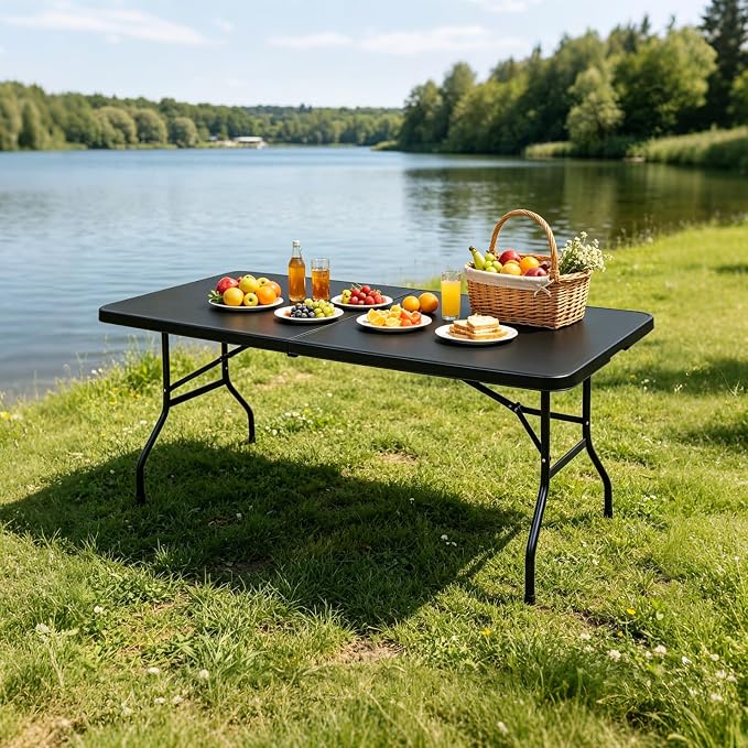 Portable Plastic Folding Table 4ft/6ft/8ft Heavy Duty White Black Picnic Dining Table Fold-in-Half for Camp Party Kitchen Indoor Outdoor