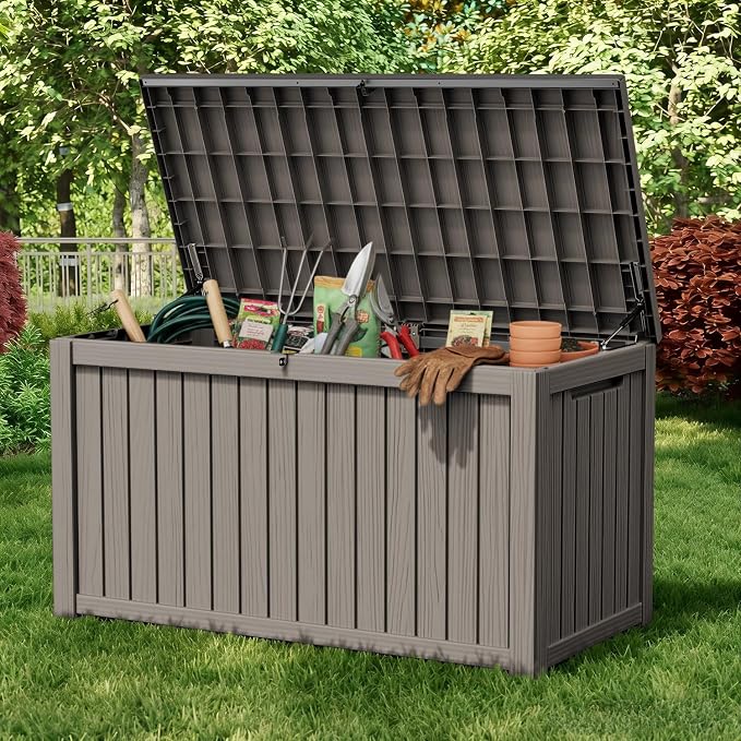 Pepe Tee Waterproof Resin Deck Box, Outdoor Storage Bin for Patio Furniture Cushions, All-Weather Garden Organizer & Seating Bench, Coffee