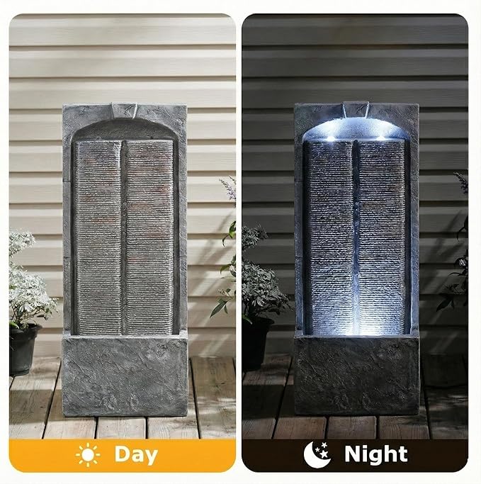 Modern Outdoor Water Fountain with LED Lights 3 Tier Cascading Waterfall Feature for Patio Balcony Garden Decor 23.62 Inch Floor Standing Resin Fountain