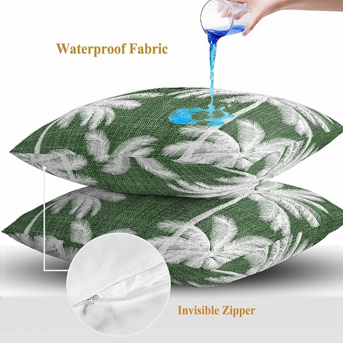 Outdoor Pillow Covers 24x24 Inch Set of 2, Dark Green Palm Trees Waterproof Throw Pillow Covers, Farmhouse Tropical Summer Beach Decorative Cushion Pillowcases for Couch, Sofa, Bed, Garden, Patio