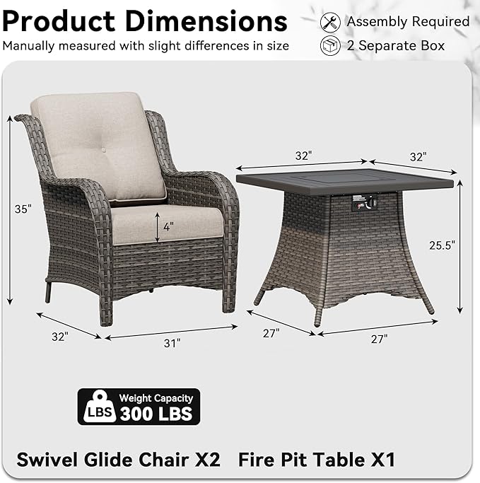 3 Pieces Outdoor Wicker Patio Furniture Set with Fire Pit Table, Patio Chair Set with Thickened Olefin Cushions, High Back and Deep Seating, Hand-Woven PE Rattan for Porch, Deck