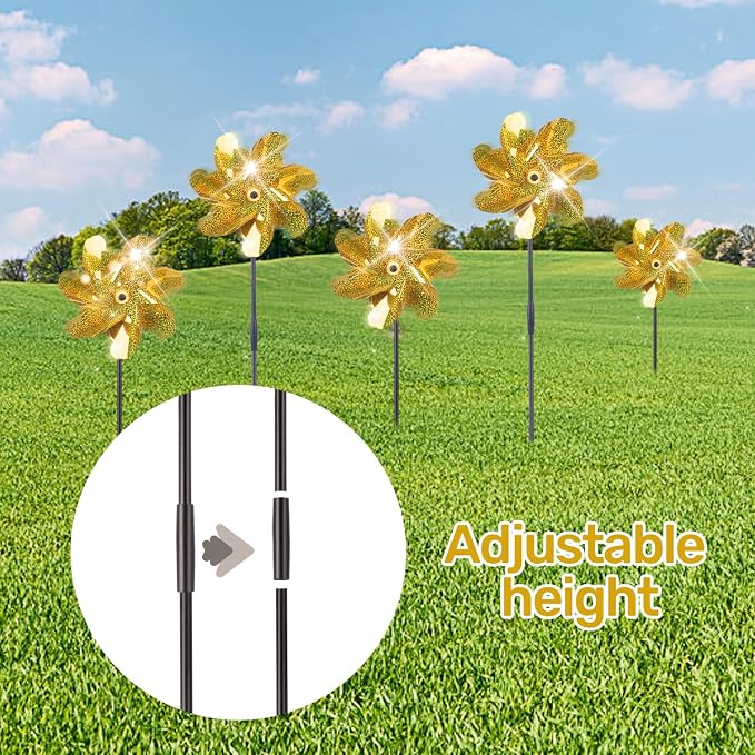 BATTIFE Preassembled Reflective Pinwheels for Yard & Garden, Gold, 10 Pack | Sparkly Reflective Material Spinner, Spins Best in Steady Wind, Animal-Deterrent Results Vary by Placement and Conditions