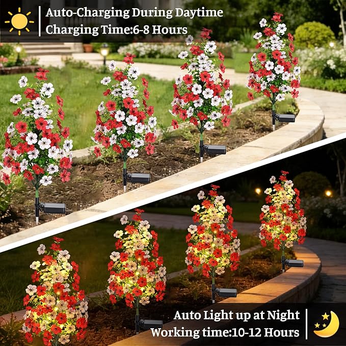 Solar Garden Flower Lights Outdoor Waterproof 2 Packs Solar Lights with Fake Orchid Flower Fairy Lights Outdoor Patio Yard Pathway Decoration Ideal Gifts for Women Mother's Day