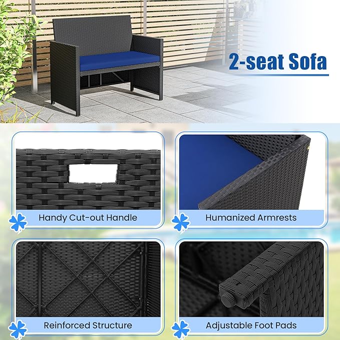 Tangkula 4 Pieces Patio Dining Set, Space Saving PE Rattan Loveseat with Acacia Wood Top Dining Table, Storage Ottomans & Soft Cushions, Outdoor Sectional Conversation Set (Navy Blue)