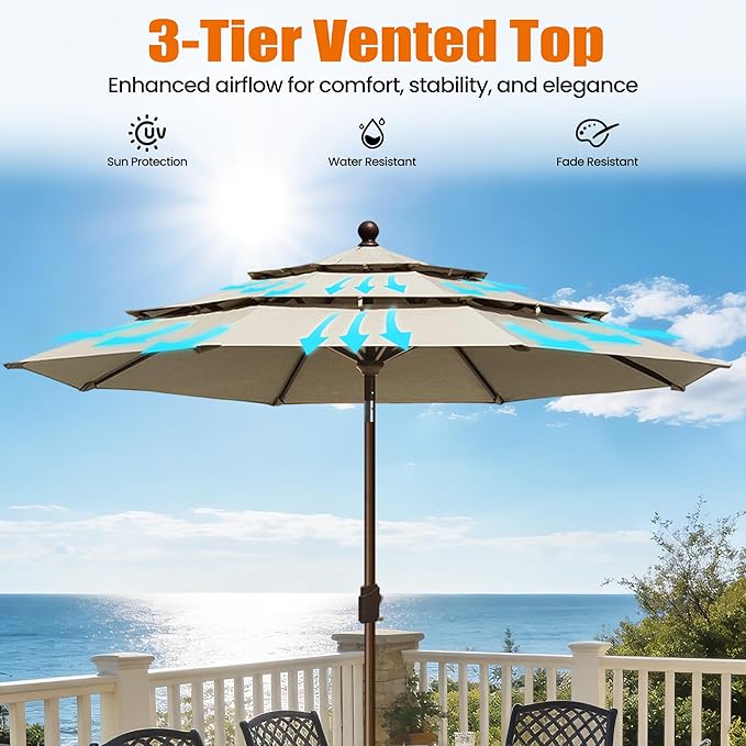 EliteShade USA 10-Year-Non-Fading 10ft 3-Tier Market Patio Umbrella, Commercial Grade Outdoor Table Umbrella with Crank Open, Windproof & UPF 50+ UV Protection, Heavy Duty Ventilation for Garden, Deck, Pool, Backyard, Beach & Bistro, Antique Beige
