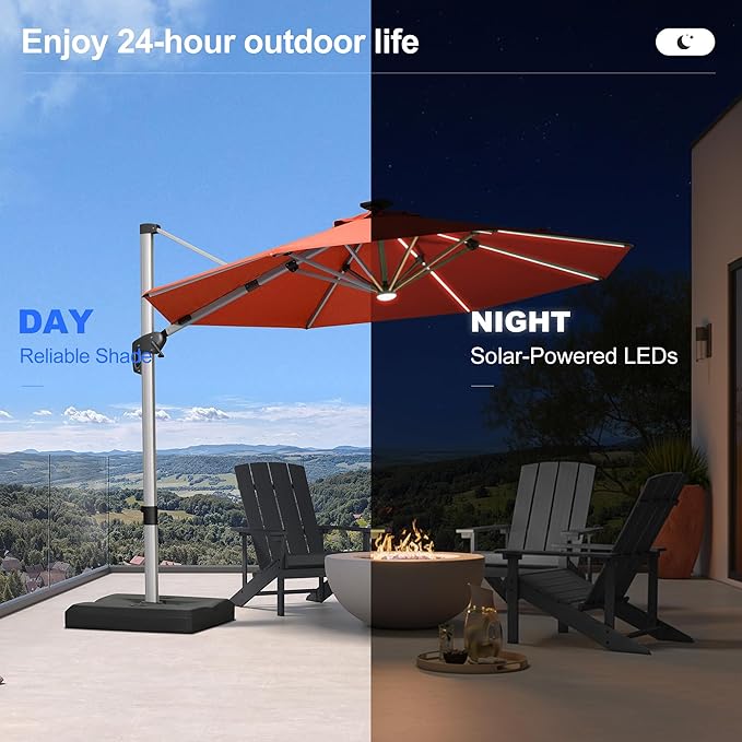 PURPLE LEAF 10ft Patio Umbrella with Lights Outdoor Round Cantilever Solar Powered LED Umbrella with 360-degree Rotation for Garden Deck Pool Patio, Brick Red