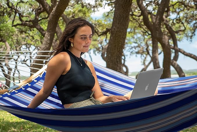 SUPERJARE Hammock with Stand, 2 Person Heavy Duty Hammock with Padded Cotton, Detachable Pillow & Strong Curved-Bar & Portable Carrying Bag, Perfect for Outdoor & Indoor, Navy Blue Stripe