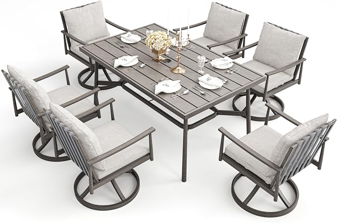 HAPPATIO 7-Piece Outdoor Dining Set for 6, Aluminum Patio Dining Set Includes 6 Swivel Dining Chairs and 1 Large Rectangular Table with Umbrella Hole, Patio Furniture Set for Lawn, Porch, Grey