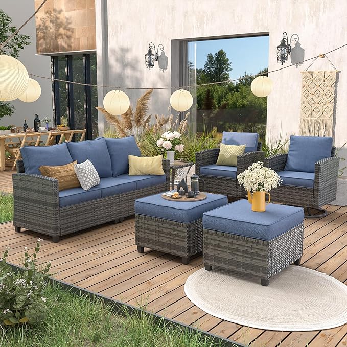 UDPATIO Patio Furniture Set, 6 Pieces Outdoor Sectional Couch with Swivel Rocking Chair, Gray Wicker Rattan Sofa with Side Table, 4" Thick Cushion for Garden Backyard Deck,Blue