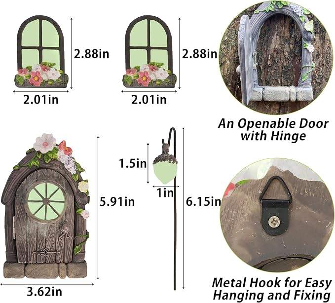 FESTGLOX Fairy Garden Door Windows for Tree Trunk Outdoor, Glow in the Dark | Fairy Garden Miniature Accessories for Tree, Resin Fairy House Kit with Fairy Lantern for Gnome, Yard, Lawn, Garden Decor
