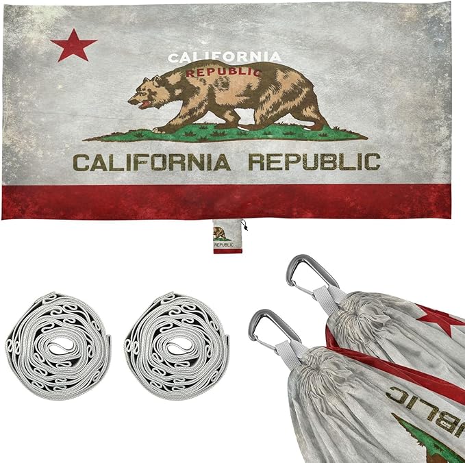 California Flag Camping Hammock, Portable Lightweight Single Hammock with Tree Straps and Aluminum Carabiners, 114" x 54" Travel Hammock for Hiking Backpacking Beach