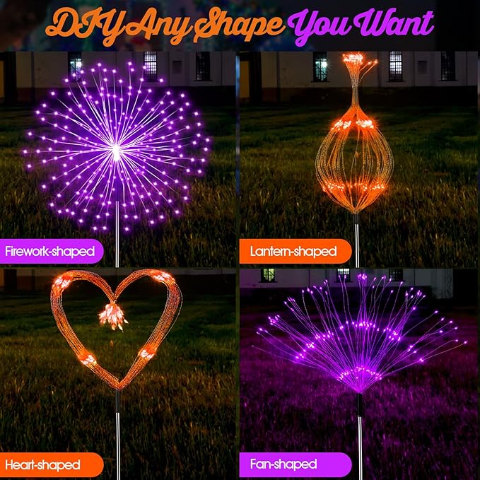 Tujoe 4 Pcs Halloween Solar Lights Solar Firework Lights 180 LED 8 Modes Outdoor Waterproof LED Stake Sparkler Christmas Decoration for Driveway Pathway Garden Patio Walkway Yard Lawn(Orange, Purple)