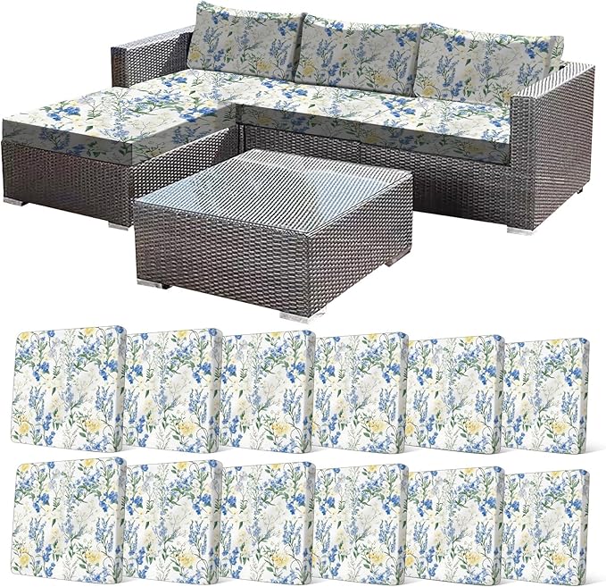 CALBODE 12 Pcs Stretch Outdoor Seat Cushion Covers, Washable Chair Seat Cover for Patio Furniture Cushions Soft Indoor and Outdoor Couch Cover Replacement (Bluebell, Cover Only)