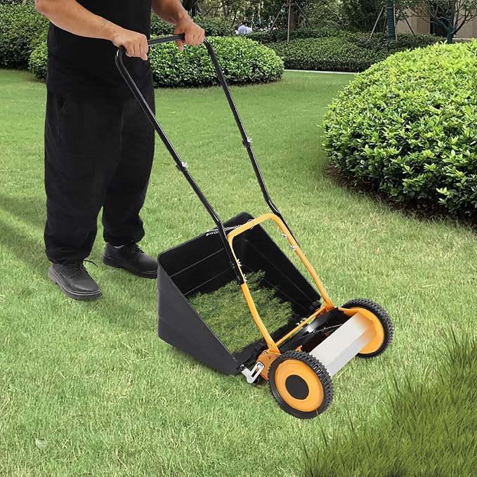 Push Lawn Mower 14 Inch 4-Blade Reel Lawn Mower Rotary Mower with Grass Catcher(Orange Black)
