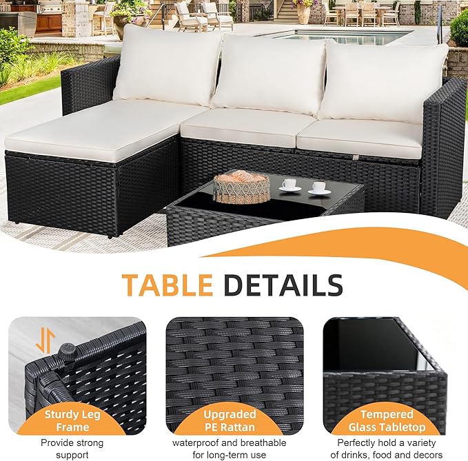 Shintenchi 4 Pieces Patio Furniture Set, 2-in-1 Convertible Sectional Sofa & Chaise Lounge, All-Weather Wicker Rattan Sofa Couch with Cushions & Coffee Table for Yard, Garden, Porch, Poolside (Beige)